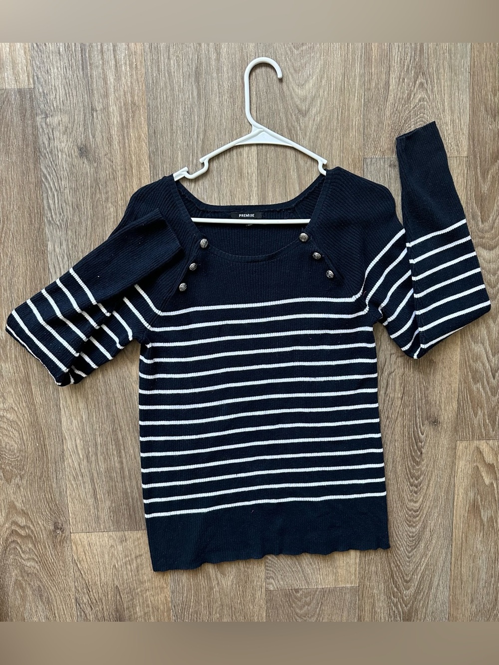 Premise Navy Blue Striped Knit Sweater Top Size M Long Sleeve Button Accent